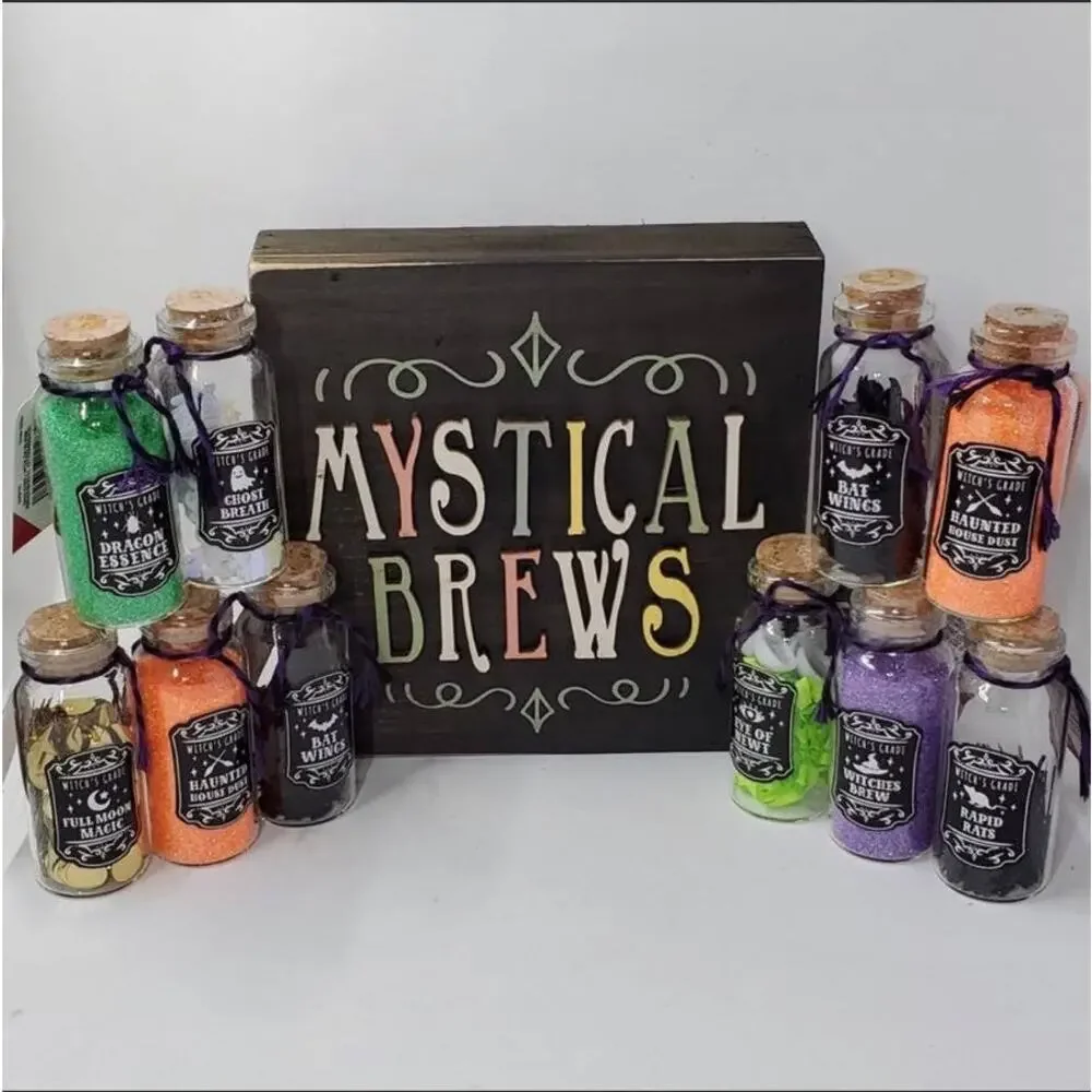 Mystical Brews Sign & 10 Mini Target Bullseye Glass Potion Bottles Complete Set
